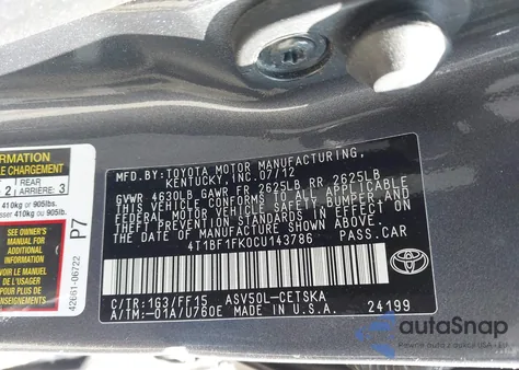 2012 Toyota Camry Se from USA, damaged, VIN 4T1BF1FK0CU143786
